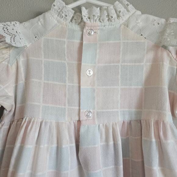 Vtg Sears Dress Girls 2T Pastel Plaid Lace Puff Sleeve Ruffle Easter Cottagecore - Picture 4 of 10